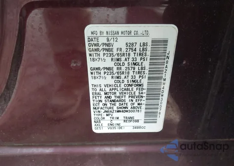 2013 Nissan Murano Sl z USA, uszkodzony, nr VIN JN8AZ1MW4DW300761